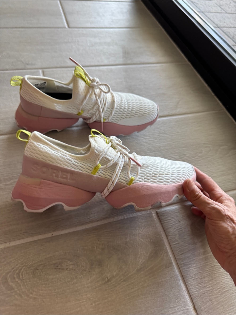 Sorel Women's White Knit Slip-On Sneakers with Pink Sole and Neon Yellow Accents